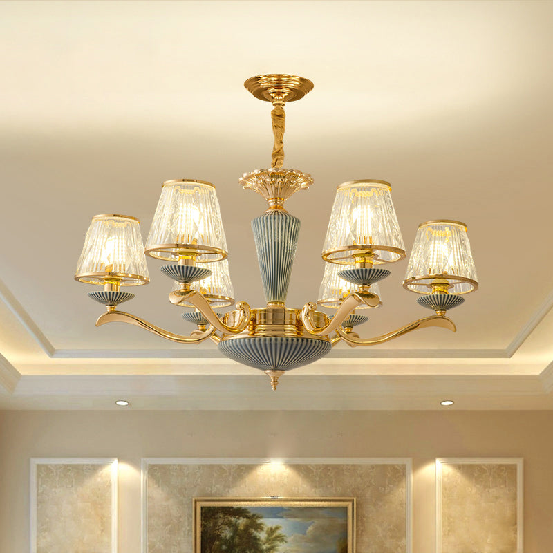 Clear Ribbed Glass Chandelier Lighting Antique Gold Conic Bedroom Ceiling Pendant Lamp Clearhalo 'Ceiling Lights' 'Chandeliers' Lighting' options 2275635