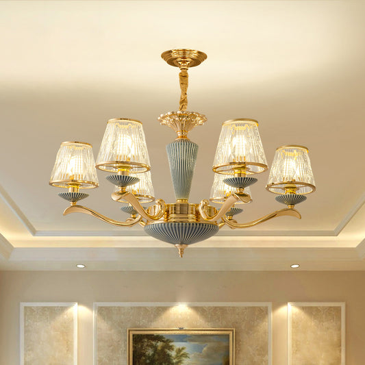 Clear Ribbed Glass Chandelier Lighting Antique Gold Conic Bedroom Ceiling Pendant Lamp Clearhalo 'Ceiling Lights' 'Chandeliers' Lighting' options 2275635