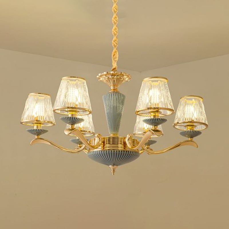 Clear Ribbed Glass Chandelier Lighting Antique Gold Conic Bedroom Ceiling Pendant Lamp Clearhalo 'Ceiling Lights' 'Chandeliers' Lighting' options 2275637