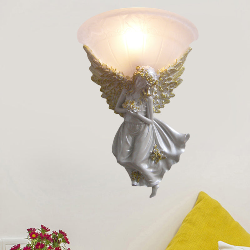 Flared Living Room Wall Light Fixture Simple Style Frosted/Amber Glass 1 Light Sconce Light with Gold/White Angel toward Right/Left White Left Clearhalo 'Wall Lamps & Sconces' 'Wall Lights' Lighting' 227574