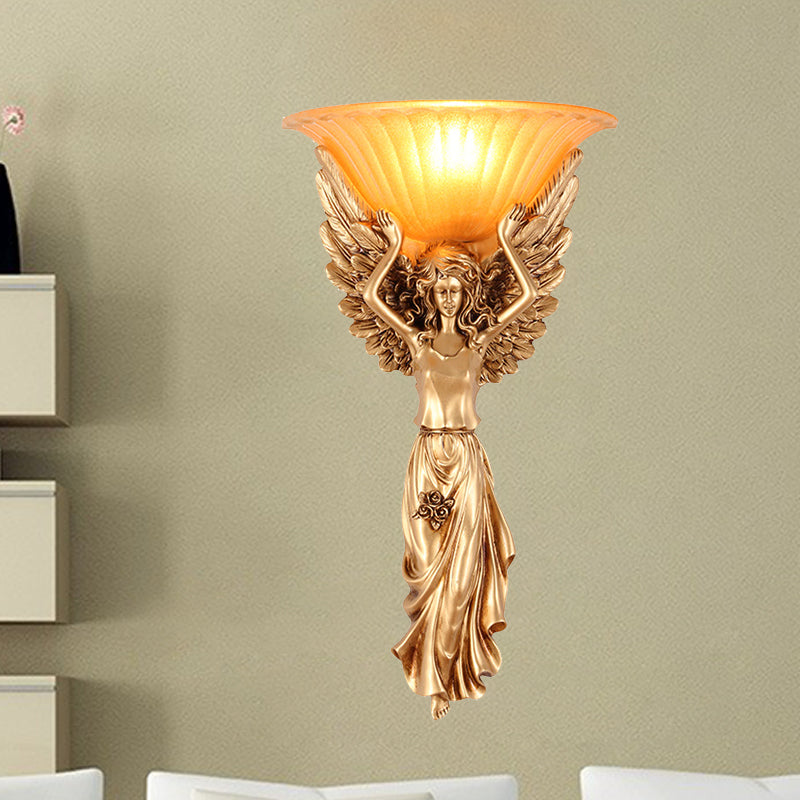 1 Light Wall Lamp Vintage Flared Ribbed Glass Sconce Light with Gold/White Angel Base Clearhalo 'Wall Lamps & Sconces' 'Wall Lights' Lighting' 227585