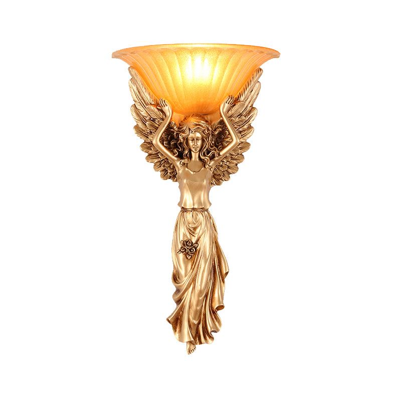 1 Light Wall Lamp Vintage Flared Ribbed Glass Sconce Light with Gold/White Angel Base Clearhalo 'Wall Lamps & Sconces' 'Wall Lights' Lighting' 227586