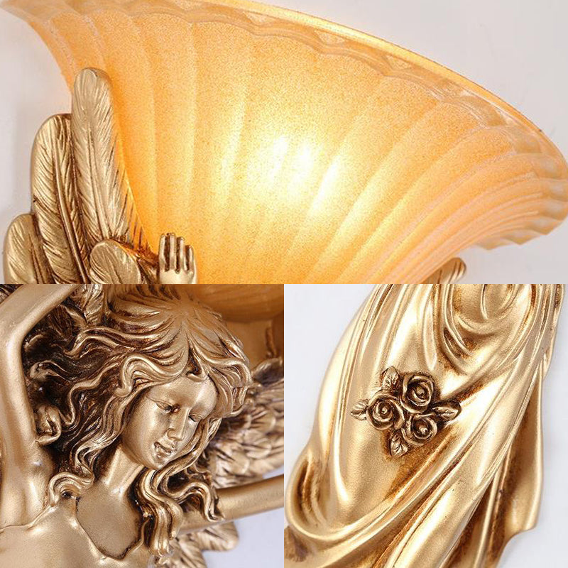 1 Light Wall Lamp Vintage Flared Ribbed Glass Sconce Light with Gold/White Angel Base Clearhalo 'Wall Lamps & Sconces' 'Wall Lights' Lighting' 227588