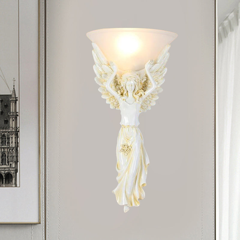 1 Light Wall Lamp Vintage Flared Ribbed Glass Sconce Light with Gold/White Angel Base White Clearhalo 'Wall Lamps & Sconces' 'Wall Lights' Lighting' 227589