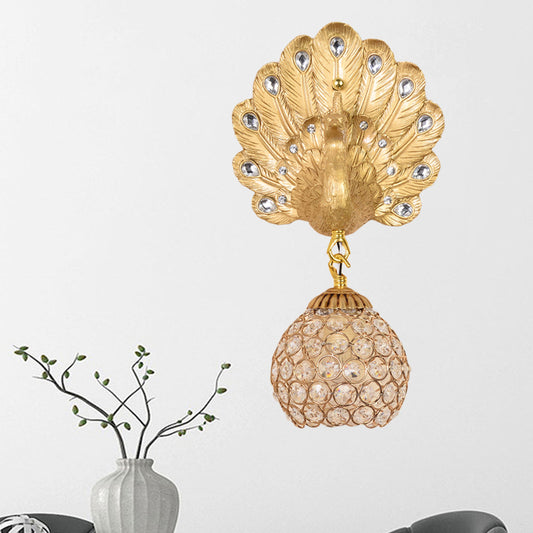 Gold Peacock Wall Mounted Light Vintage Resin 1 Light Living Room Sconce Light with Dome Shade, 8"/14" Wide Clearhalo 'Wall Lamps & Sconces' 'Wall Lights' Lighting' 227593