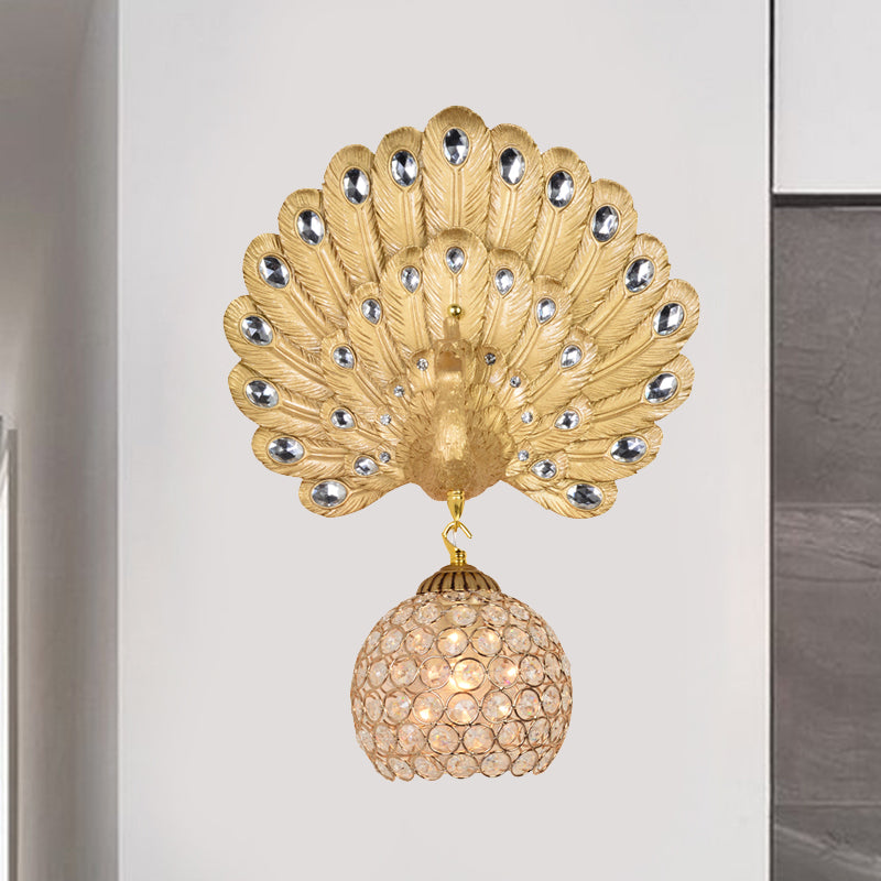 Gold Peacock Wall Mounted Light Vintage Resin 1 Light Living Room Sconce Light with Dome Shade, 8"/14" Wide Clearhalo 'Wall Lamps & Sconces' 'Wall Lights' Lighting' 227596