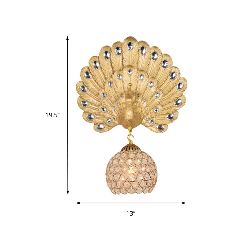 Gold Peacock Wall Mounted Light Vintage Resin 1 Light Living Room Sconce Light with Dome Shade, 8"/14" Wide Clearhalo 'Wall Lamps & Sconces' 'Wall Lights' Lighting' 227599