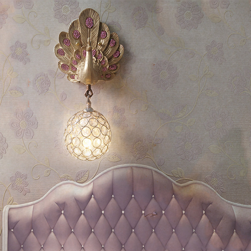 Clear Crystal Orb Wall Lamp with Resin Peacock 1 Light Gold/Pink/White Wall Mounted Light for Bedside Pink Clearhalo 'Wall Lamps & Sconces' 'Wall Lights' Lighting' 227600