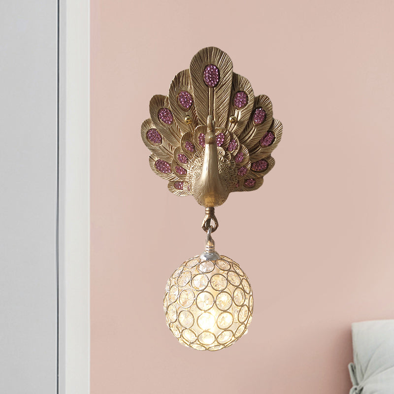 Clear Crystal Orb Wall Lamp with Resin Peacock 1 Light Gold/Pink/White Wall Mounted Light for Bedside Clearhalo 'Wall Lamps & Sconces' 'Wall Lights' Lighting' 227601