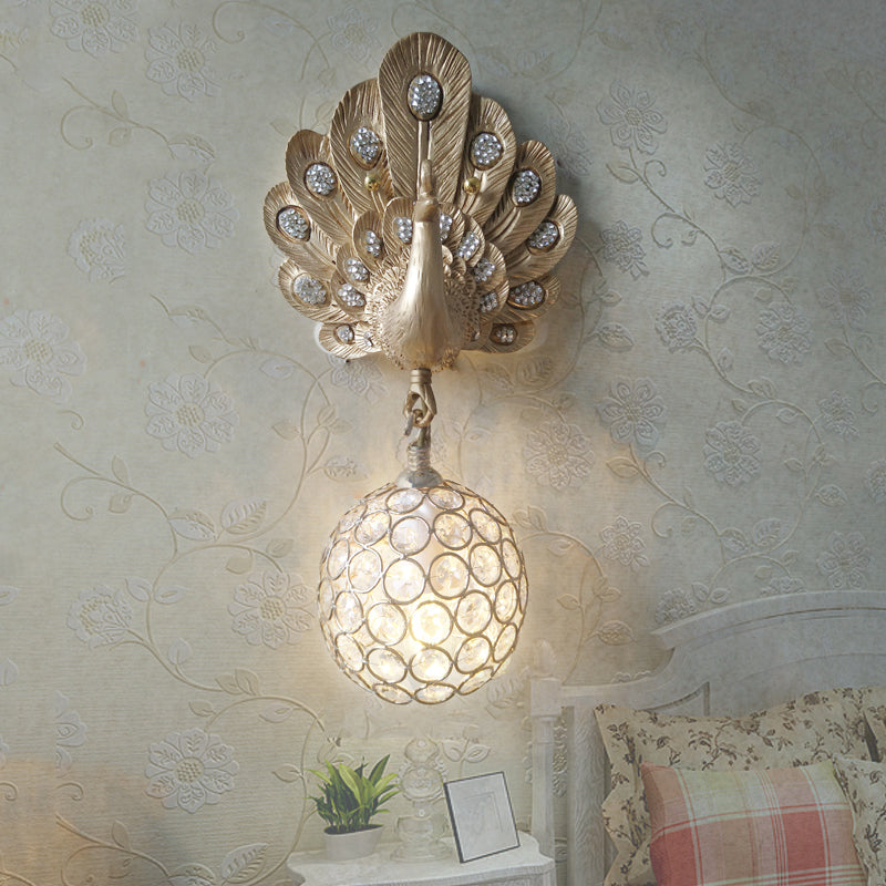 Clear Crystal Orb Wall Lamp with Resin Peacock 1 Light Gold/Pink/White Wall Mounted Light for Bedside White Clearhalo 'Wall Lamps & Sconces' 'Wall Lights' Lighting' 227604