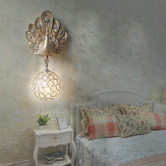 Clear Crystal Orb Wall Lamp with Resin Peacock 1 Light Gold/Pink/White Wall Mounted Light for Bedside Clearhalo 'Wall Lamps & Sconces' 'Wall Lights' Lighting' 227605