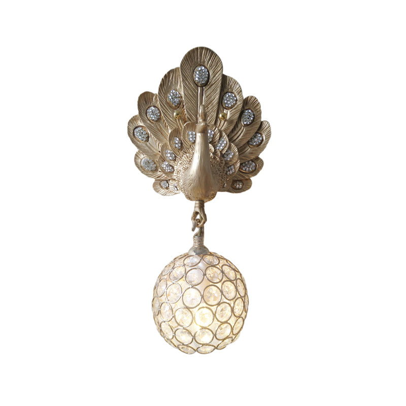 Clear Crystal Orb Wall Lamp with Resin Peacock 1 Light Gold/Pink/White Wall Mounted Light for Bedside Clearhalo 'Wall Lamps & Sconces' 'Wall Lights' Lighting' 227606