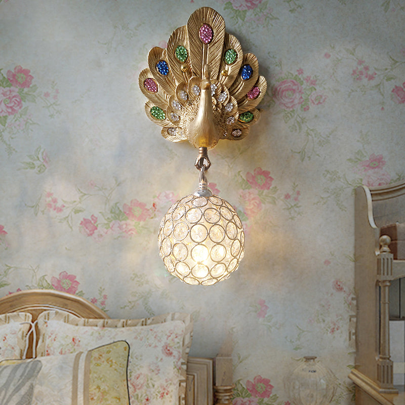 Clear Crystal Orb Wall Lamp with Resin Peacock 1 Light Gold/Pink/White Wall Mounted Light for Bedside Gold Clearhalo 'Wall Lamps & Sconces' 'Wall Lights' Lighting' 227607