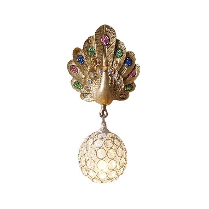 Clear Crystal Orb Wall Lamp with Resin Peacock 1 Light Gold/Pink/White Wall Mounted Light for Bedside Clearhalo 'Wall Lamps & Sconces' 'Wall Lights' Lighting' 227609