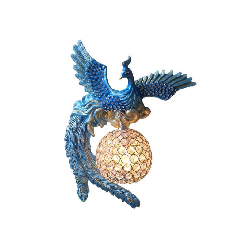 Orb Metal and Crystal Wall Lamp Antique 1 Light Living Room Sconce Light with White/Gold/Blue Phoenix toward Right/Left Blue Left Clearhalo 'Wall Lamps & Sconces' 'Wall Lights' Lighting' 227625