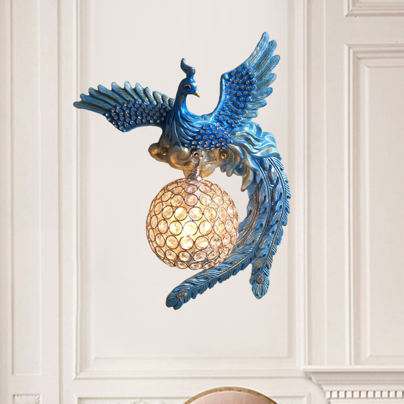 Orb Metal and Crystal Wall Lamp Antique 1 Light Living Room Sconce Light with White/Gold/Blue Phoenix toward Right/Left Blue Right Clearhalo 'Wall Lamps & Sconces' 'Wall Lights' Lighting' 227627