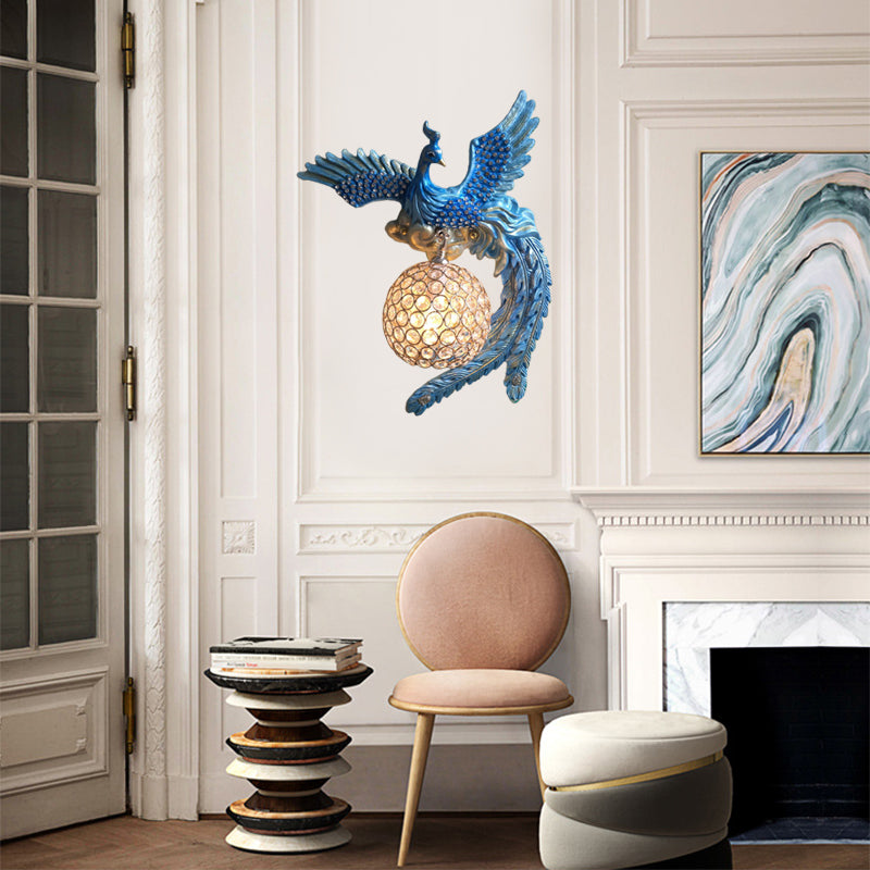 Orb Metal and Crystal Wall Lamp Antique 1 Light Living Room Sconce Light with White/Gold/Blue Phoenix toward Right/Left Clearhalo 'Wall Lamps & Sconces' 'Wall Lights' Lighting' 227628