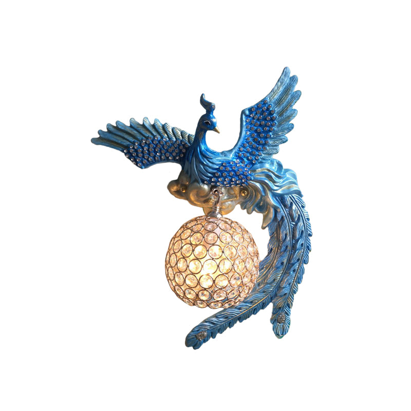 Orb Metal and Crystal Wall Lamp Antique 1 Light Living Room Sconce Light with White/Gold/Blue Phoenix toward Right/Left Clearhalo 'Wall Lamps & Sconces' 'Wall Lights' Lighting' 227629