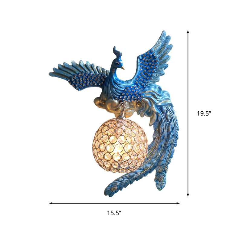 Orb Metal and Crystal Wall Lamp Antique 1 Light Living Room Sconce Light with White/Gold/Blue Phoenix toward Right/Left Clearhalo 'Wall Lamps & Sconces' 'Wall Lights' Lighting' 227630