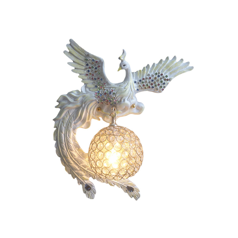 Orb Metal and Crystal Wall Lamp Antique 1 Light Living Room Sconce Light with White/Gold/Blue Phoenix toward Right/Left Clearhalo 'Wall Lamps & Sconces' 'Wall Lights' Lighting' 227633