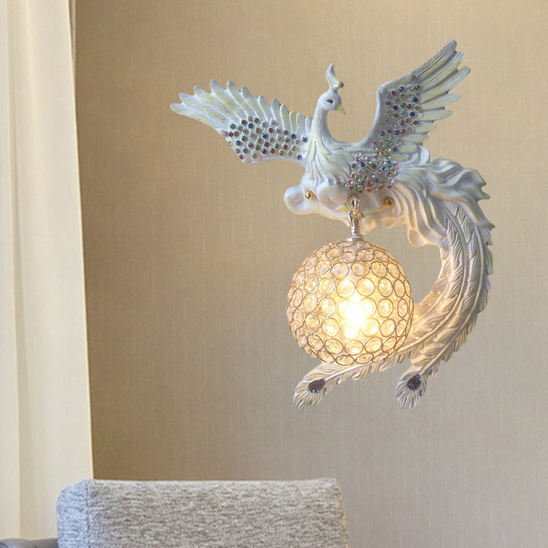 Orb Metal and Crystal Wall Lamp Antique 1 Light Living Room Sconce Light with White/Gold/Blue Phoenix toward Right/Left White Right Clearhalo 'Wall Lamps & Sconces' 'Wall Lights' Lighting' 227634