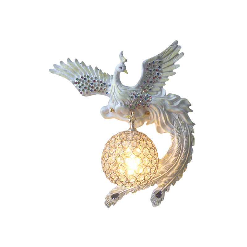 Orb Metal and Crystal Wall Lamp Antique 1 Light Living Room Sconce Light with White/Gold/Blue Phoenix toward Right/Left Clearhalo 'Wall Lamps & Sconces' 'Wall Lights' Lighting' 227636