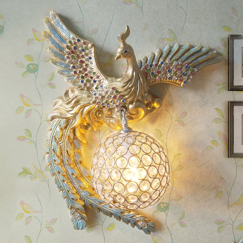 Orb Metal and Crystal Wall Lamp Antique 1 Light Living Room Sconce Light with White/Gold/Blue Phoenix toward Right/Left Gold Left Clearhalo 'Wall Lamps & Sconces' 'Wall Lights' Lighting' 227637