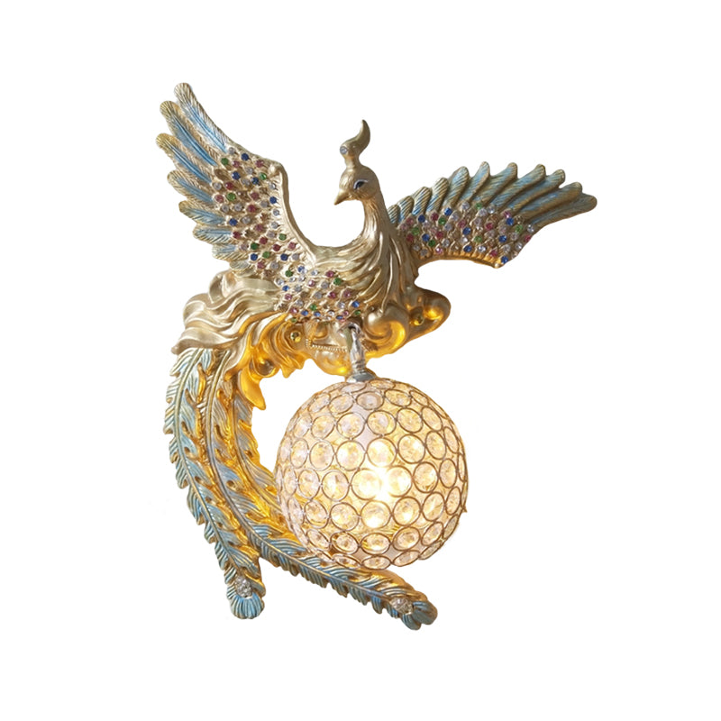 Orb Metal and Crystal Wall Lamp Antique 1 Light Living Room Sconce Light with White/Gold/Blue Phoenix toward Right/Left Clearhalo 'Wall Lamps & Sconces' 'Wall Lights' Lighting' 227639