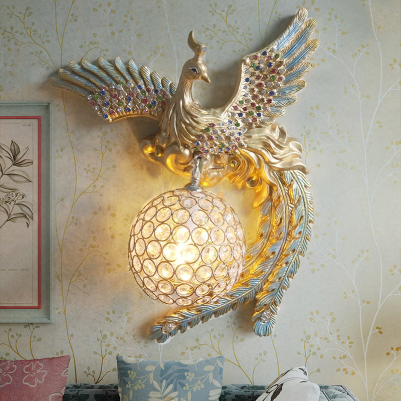 Orb Metal and Crystal Wall Lamp Antique 1 Light Living Room Sconce Light with White/Gold/Blue Phoenix toward Right/Left Gold Right Clearhalo 'Wall Lamps & Sconces' 'Wall Lights' Lighting' 227640