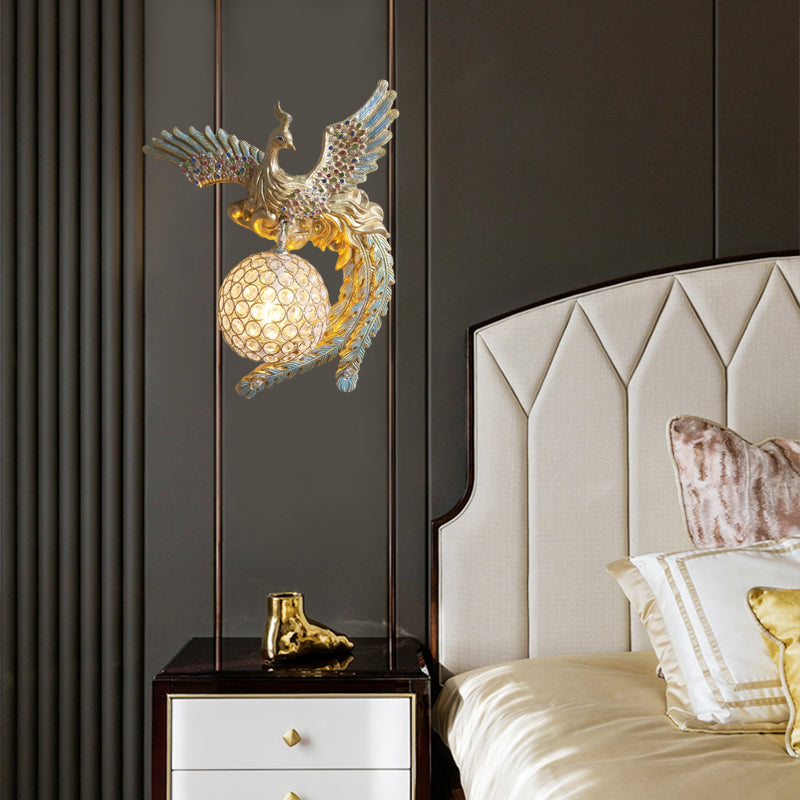 Orb Metal and Crystal Wall Lamp Antique 1 Light Living Room Sconce Light with White/Gold/Blue Phoenix toward Right/Left Clearhalo 'Wall Lamps & Sconces' 'Wall Lights' Lighting' 227641