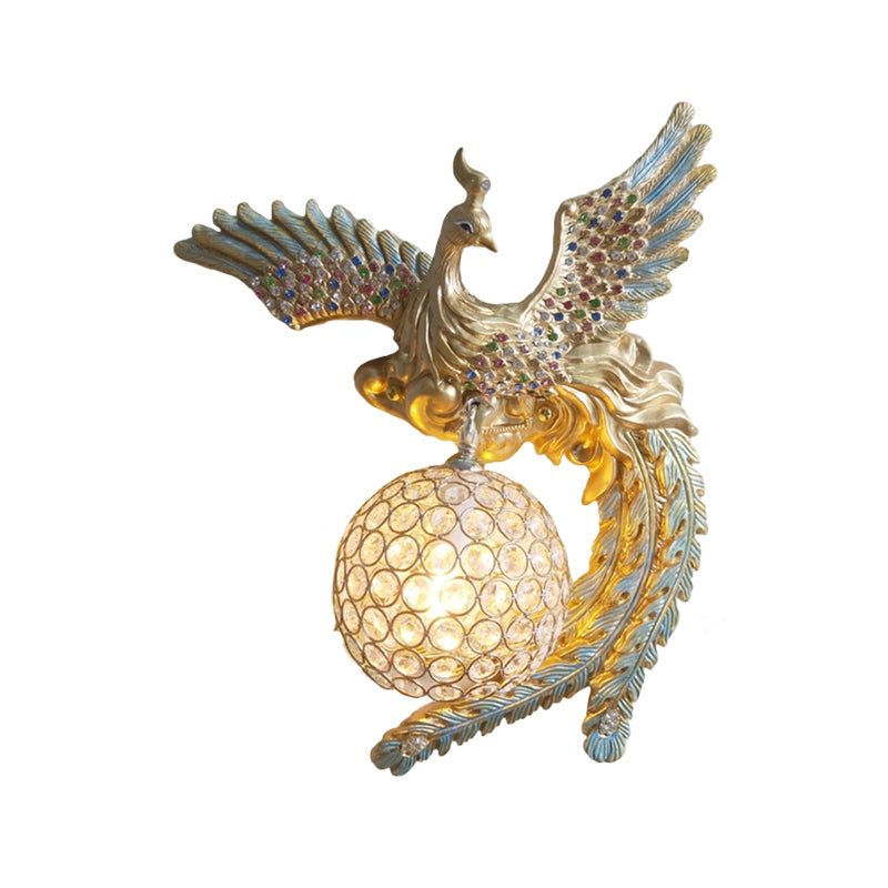 Orb Metal and Crystal Wall Lamp Antique 1 Light Living Room Sconce Light with White/Gold/Blue Phoenix toward Right/Left Clearhalo 'Wall Lamps & Sconces' 'Wall Lights' Lighting' 227642