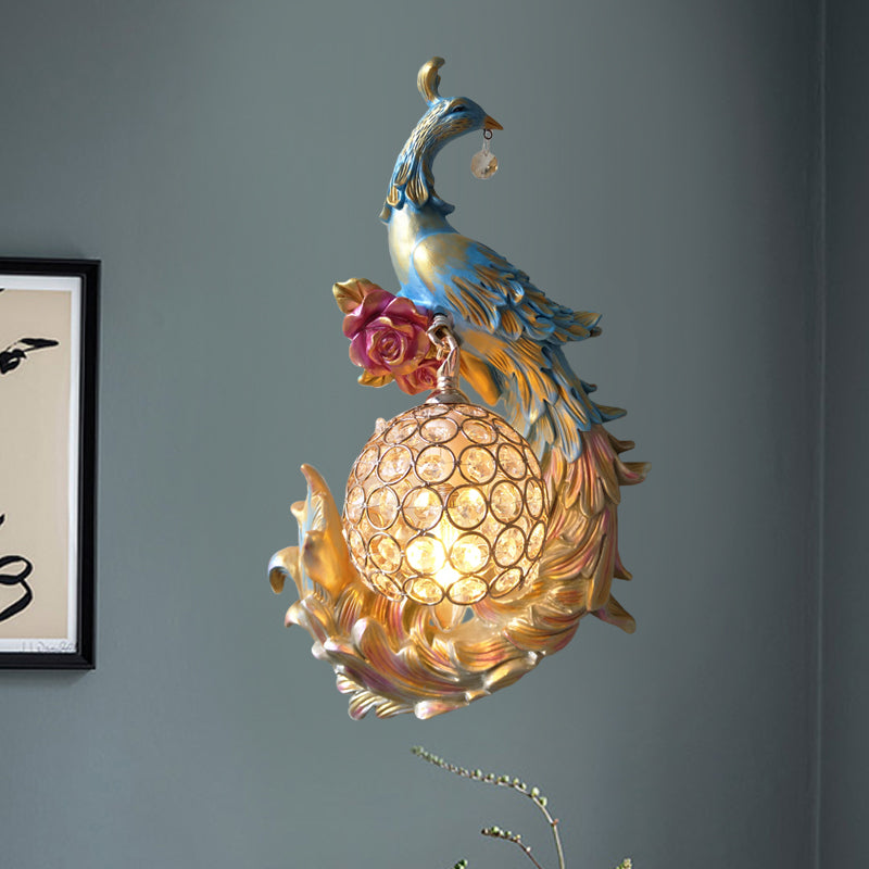 1 Light Peacock toward Left/Right Sconce Light Retro White/Blue/Purple Resin Wall Mounted Light with Globe Shade Blue Right Clearhalo 'Wall Lamps & Sconces' 'Wall Lights' Lighting' 227653