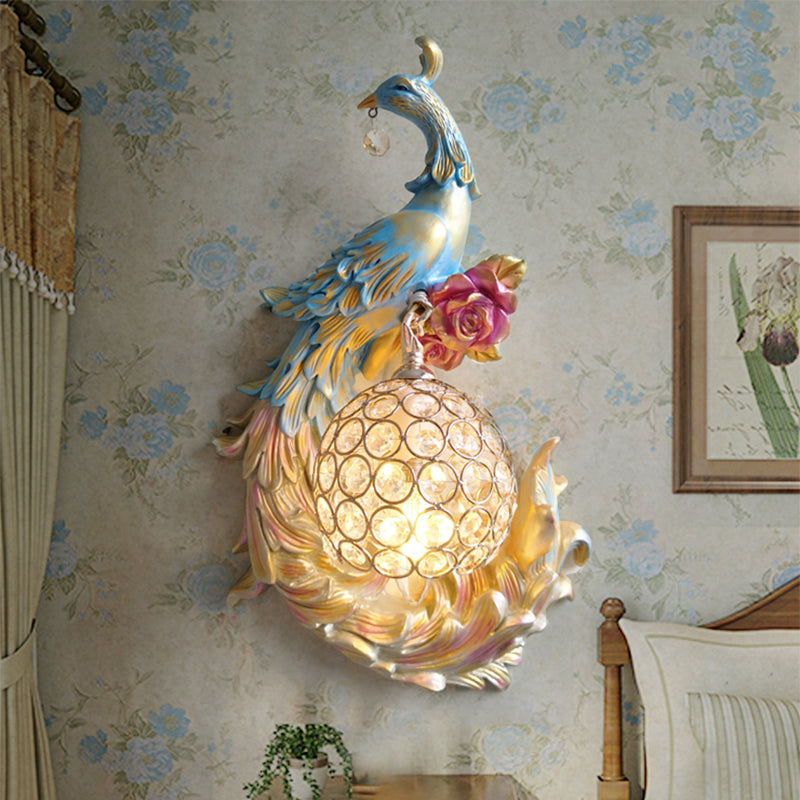 1 Light Peacock toward Left/Right Sconce Light Retro White/Blue/Purple Resin Wall Mounted Light with Globe Shade Blue Left Clearhalo 'Wall Lamps & Sconces' 'Wall Lights' Lighting' 227656