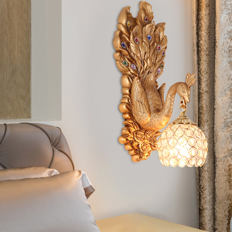 Dome Crystal Wall Mounted Light Antique 1 Light Bedroom Sconce Lamp with Blue/Gold/White Peacock Backplate Gold Clearhalo 'Wall Lamps & Sconces' 'Wall Lights' Lighting' 227682