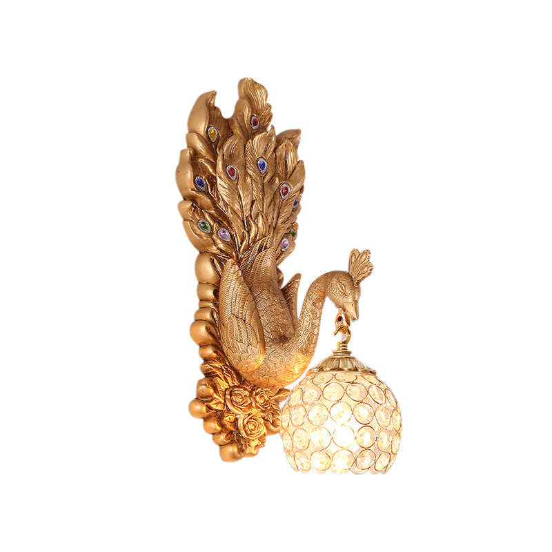 Dome Crystal Wall Mounted Light Antique 1 Light Bedroom Sconce Lamp with Blue/Gold/White Peacock Backplate Clearhalo 'Wall Lamps & Sconces' 'Wall Lights' Lighting' 227684