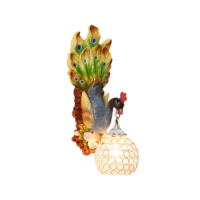 Dome Crystal Wall Mounted Light Antique 1 Light Bedroom Sconce Lamp with Blue/Gold/White Peacock Backplate Clearhalo 'Wall Lamps & Sconces' 'Wall Lights' Lighting' 227687