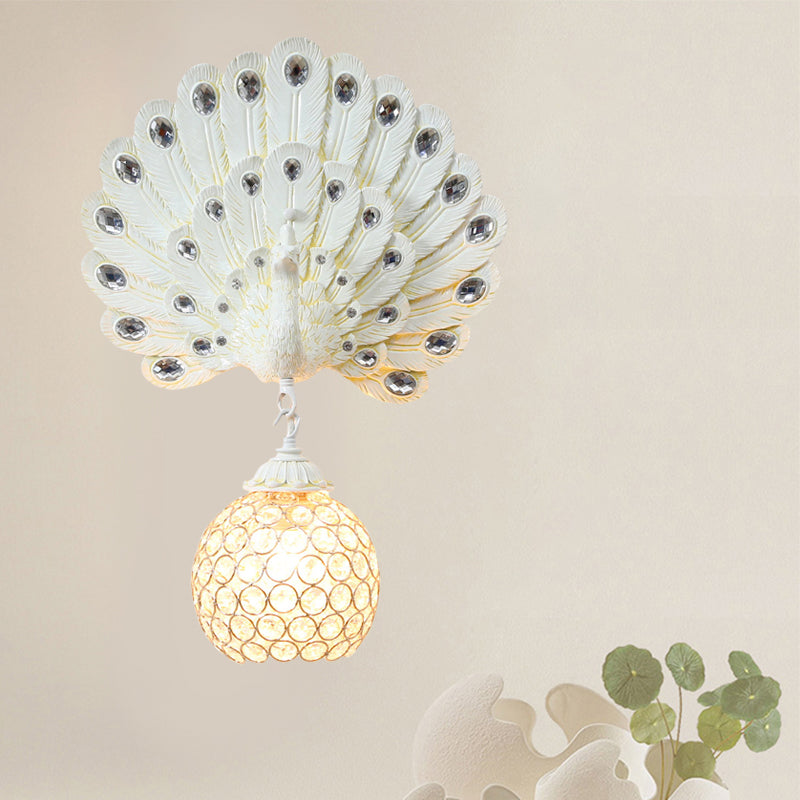 Crystal Globe Sconce Light Fixture Traditional 1 Light Bedroom Wall Mounted Light with Blue/Gold/White Peacock Backplate White Clearhalo 'Wall Lamps & Sconces' 'Wall Lights' Lighting' 227692