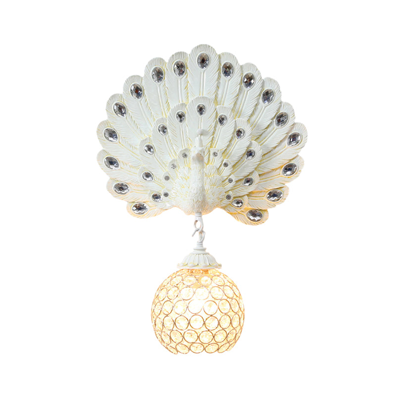 Crystal Globe Sconce Light Fixture Traditional 1 Light Bedroom Wall Mounted Light with Blue/Gold/White Peacock Backplate Clearhalo 'Wall Lamps & Sconces' 'Wall Lights' Lighting' 227694