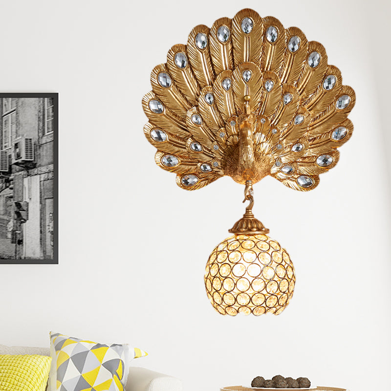 Crystal Globe Sconce Light Fixture Traditional 1 Light Bedroom Wall Mounted Light with Blue/Gold/White Peacock Backplate Gold Clearhalo 'Wall Lamps & Sconces' 'Wall Lights' Lighting' 227695