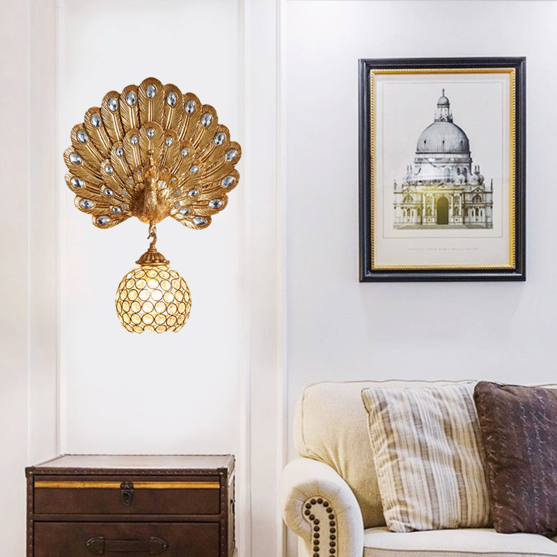 Crystal Globe Sconce Light Fixture Traditional 1 Light Bedroom Wall Mounted Light with Blue/Gold/White Peacock Backplate Clearhalo 'Wall Lamps & Sconces' 'Wall Lights' Lighting' 227696