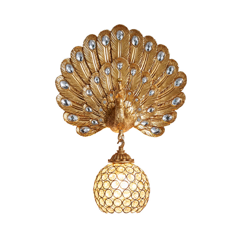 Crystal Globe Sconce Light Fixture Traditional 1 Light Bedroom Wall Mounted Light with Blue/Gold/White Peacock Backplate Clearhalo 'Wall Lamps & Sconces' 'Wall Lights' Lighting' 227697