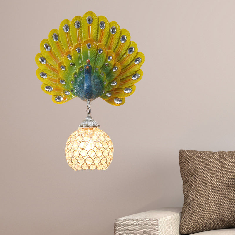 Crystal Globe Sconce Light Fixture Traditional 1 Light Bedroom Wall Mounted Light with Blue/Gold/White Peacock Backplate Blue Clearhalo 'Wall Lamps & Sconces' 'Wall Lights' Lighting' 227698