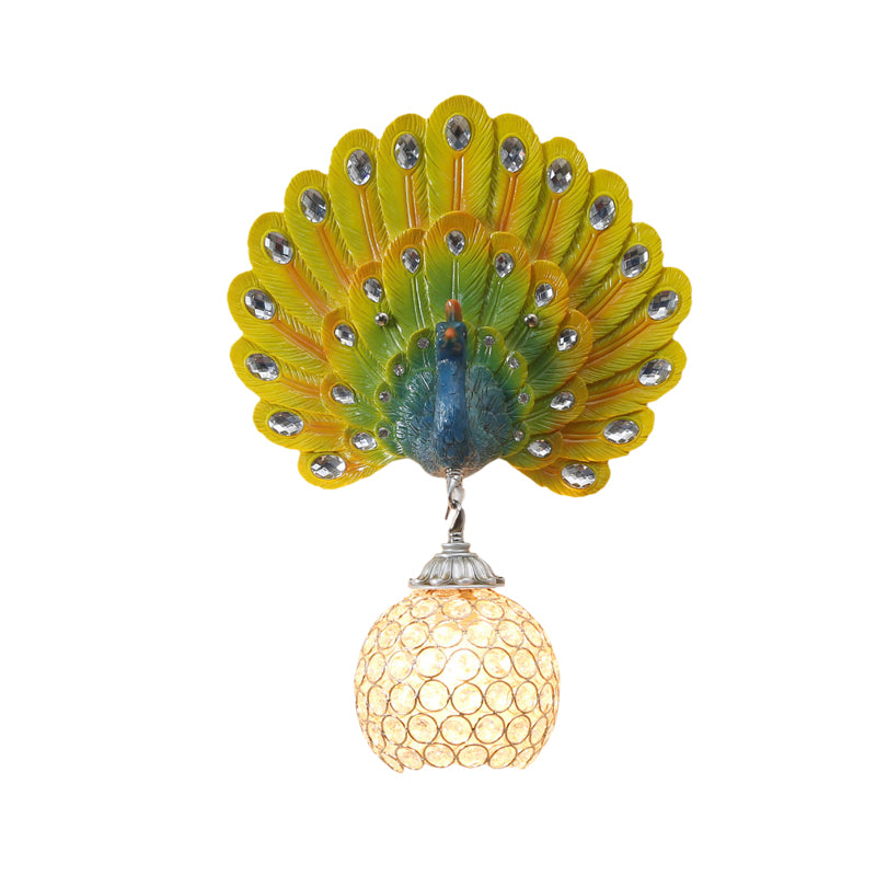 Crystal Globe Sconce Light Fixture Traditional 1 Light Bedroom Wall Mounted Light with Blue/Gold/White Peacock Backplate Clearhalo 'Wall Lamps & Sconces' 'Wall Lights' Lighting' 227700