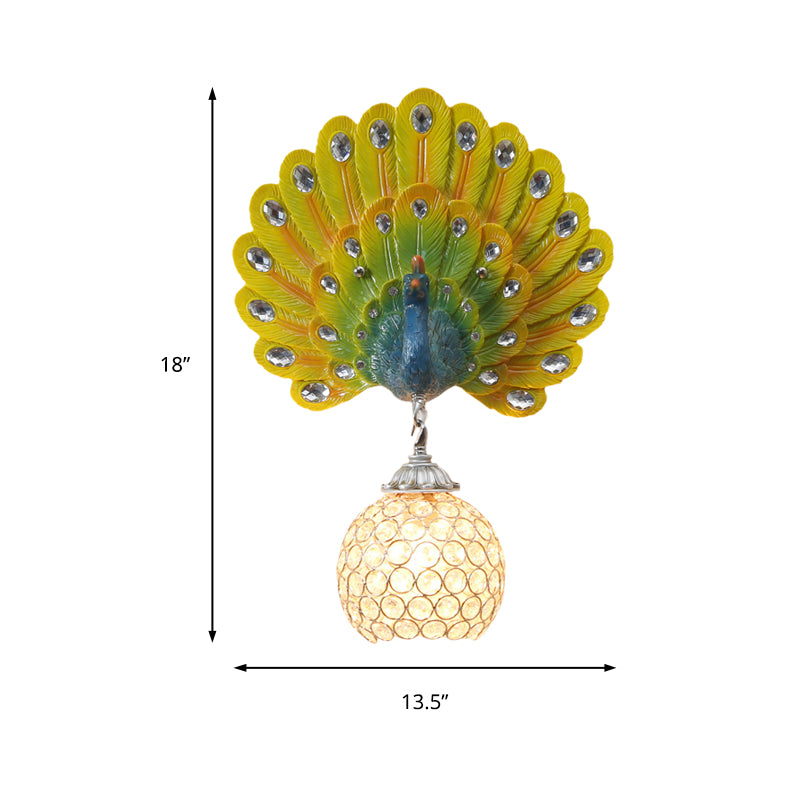 Crystal Globe Sconce Light Fixture Traditional 1 Light Bedroom Wall Mounted Light with Blue/Gold/White Peacock Backplate Clearhalo 'Wall Lamps & Sconces' 'Wall Lights' Lighting' 227701