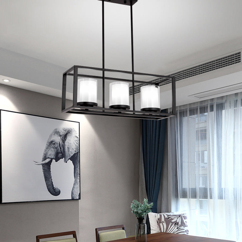Cylinder Glass Island Light Traditional 3/6 Lights Dining Room Hanging Light Fixture with Black Rectangle Frame Clearhalo 'Ceiling Lights' 'Glass shade' 'Glass' 'Island Lights' Lighting' 227736