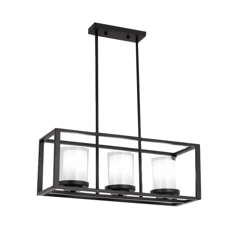 Cylinder Glass Island Light Traditional 3/6 Lights Dining Room Hanging Light Fixture with Black Rectangle Frame Clearhalo 'Ceiling Lights' 'Glass shade' 'Glass' 'Island Lights' Lighting' 227738