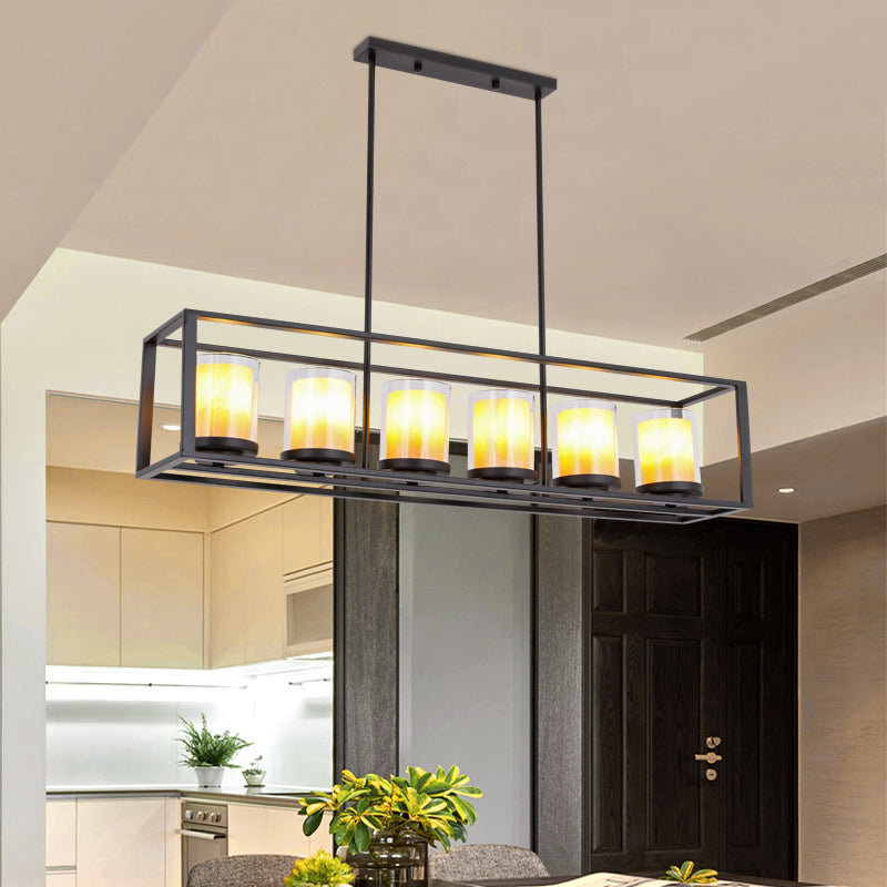 Cylinder Dining Room Pendant Light Vintage Glass 3/5/6 Lights Island Lighting with Black Frame 6 Black Clearhalo 'Ceiling Lights' 'Glass shade' 'Glass' 'Island Lights' Lighting' 227740