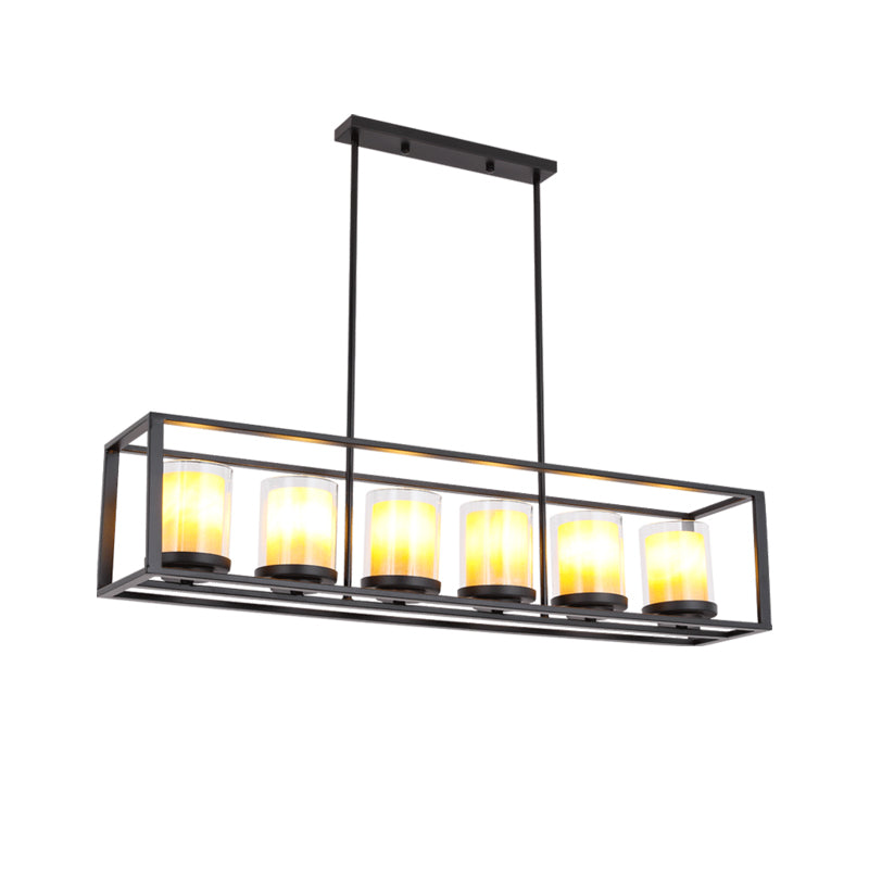 Cylinder Dining Room Pendant Light Vintage Glass 3/5/6 Lights Island Lighting with Black Frame Clearhalo 'Ceiling Lights' 'Glass shade' 'Glass' 'Island Lights' Lighting' 227741