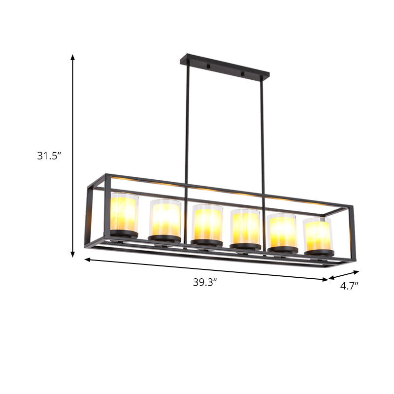 Cylinder Dining Room Pendant Light Vintage Glass 3/5/6 Lights Island Lighting with Black Frame Clearhalo 'Ceiling Lights' 'Glass shade' 'Glass' 'Island Lights' Lighting' 227742