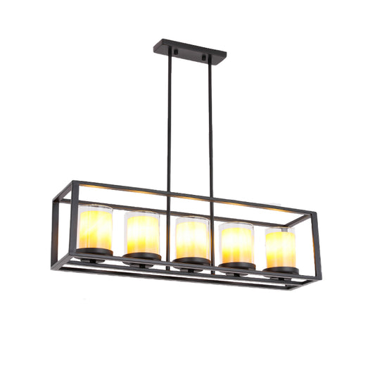 Cylinder Dining Room Pendant Light Vintage Glass 3/5/6 Lights Island Lighting with Black Frame Clearhalo 'Ceiling Lights' 'Glass shade' 'Glass' 'Island Lights' Lighting' 227744